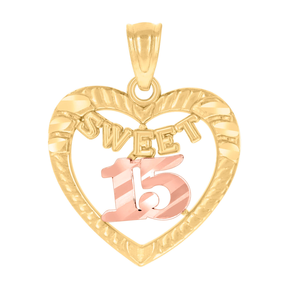 10K Two-Tone Gold Womens Textured Sweet 15 Anos Quinceanera Heart Charm Pendant