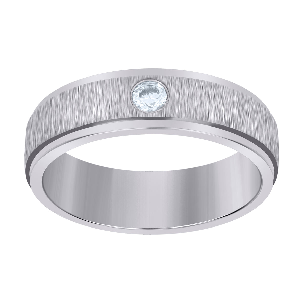 Stainless Steel Mens Cubic Zirconia Center Brushed Step Edges Size-13 Comfort-Fit Band Ring