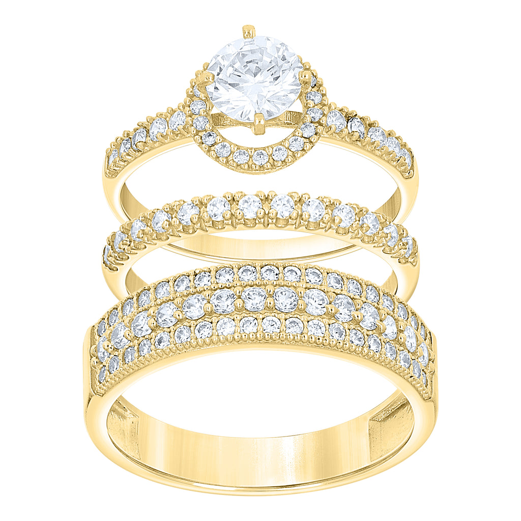 10K Two-Tone Gold Womens Round Cubic Zirconia Halo Trio Ring Set