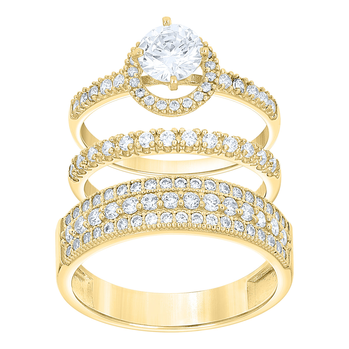 10K Two-Tone Gold Womens Round Cubic Zirconia Halo Trio Ring Set