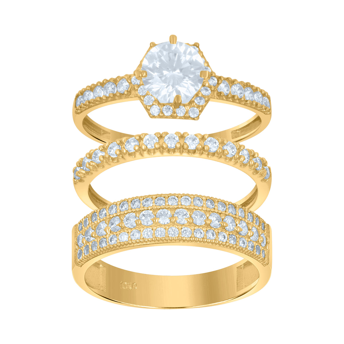 10K Two-Tone Gold Womens Round Cubic Zirconia Halo Trio Ring Set