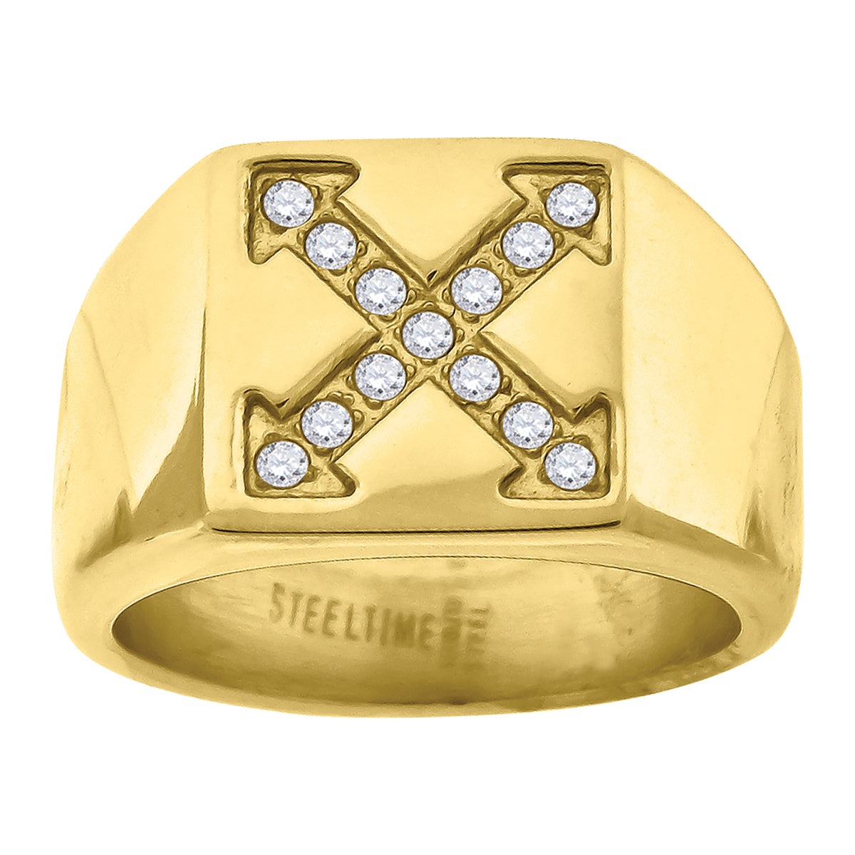 Stainless Steel Yellow-tone Mens Cubic Zirconia Square Head Fashion Comfort-fit Band Ring