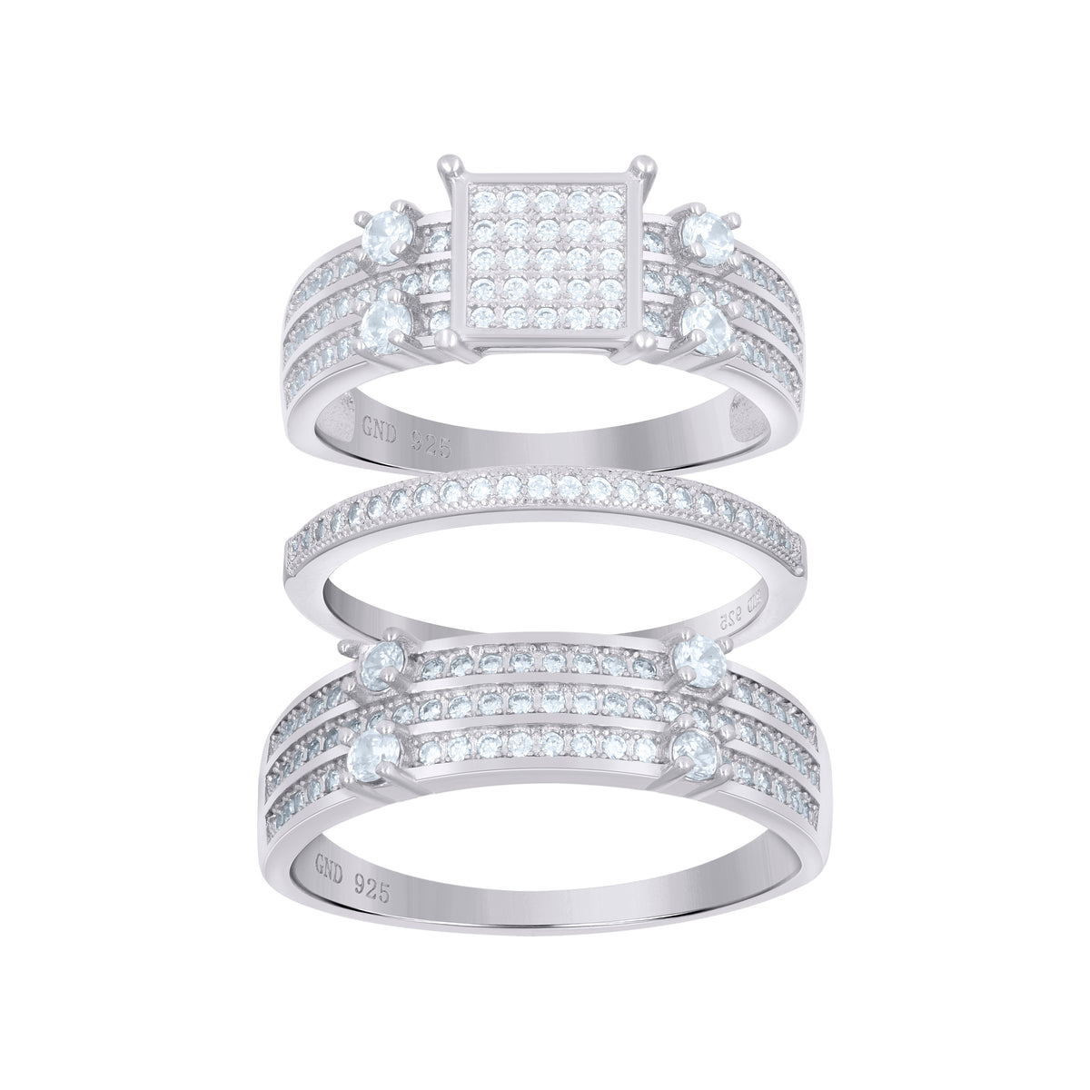 925 Sterling Silver His & Hers Cubic-Zirconia Square Head Trio Ring Set Size 9