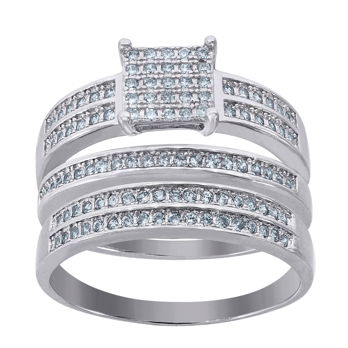 925 Sterling Silver His & Hers Cubic-Zirconia Square Head Trio Ring Set Size 7