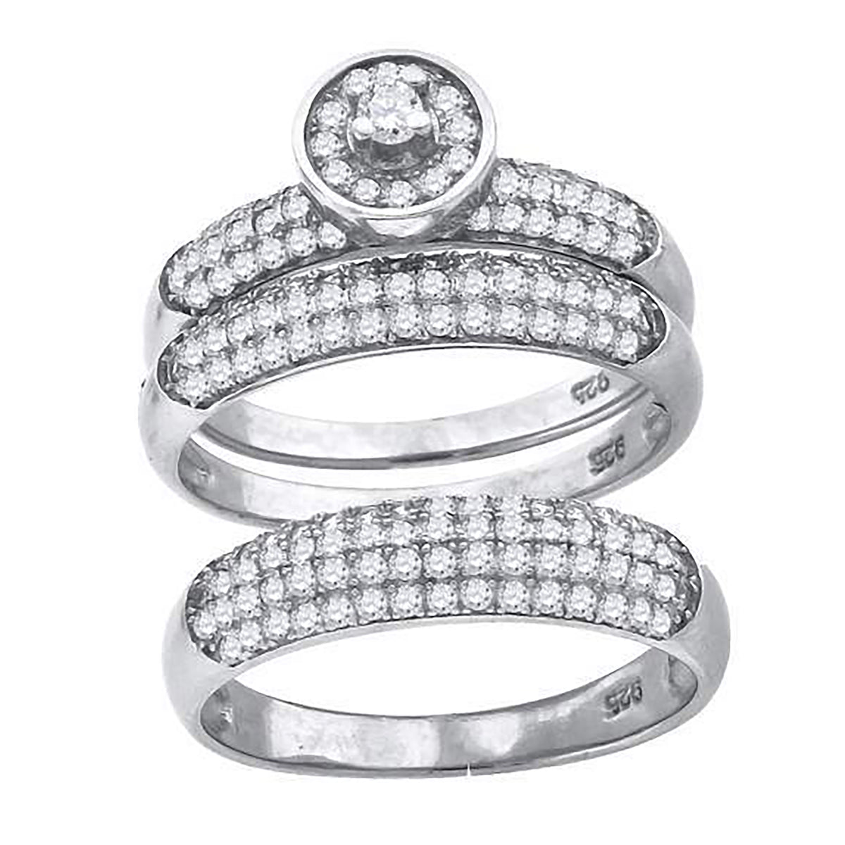 925 Sterling Silver His & Hers Cubic-Zirconia Round Head Trio Ring Set