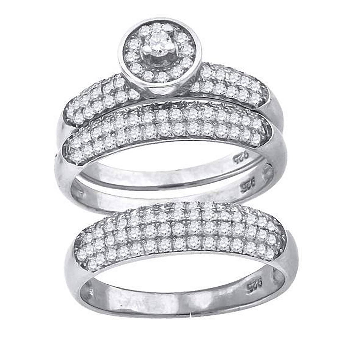 925 Sterling Silver His & Hers Cubic-Zirconia Round Head Trio Ring Set Size 6