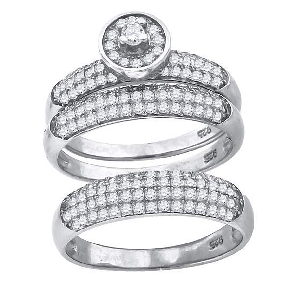 925 Sterling Silver His & Hers Cubic-Zirconia Round Head Trio Ring Set Size 7