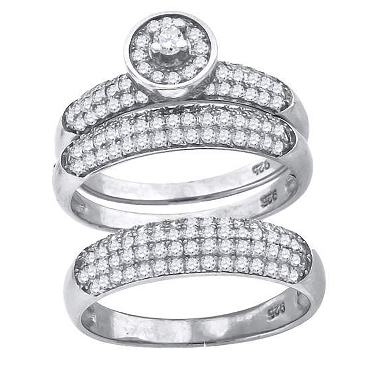 925 Sterling Silver His & Hers Cubic-Zirconia Round Head Trio Ring Set Size 9