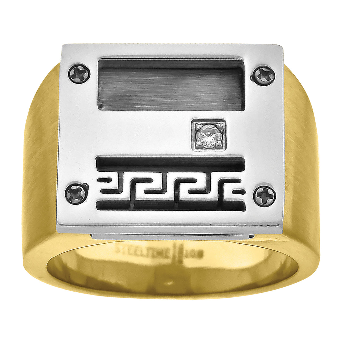 Stainless Steel Yellow-tone Mens Cubic-Zirconia Greek Key Pattern Size-9 Comfort-fit Fashion Band Ring