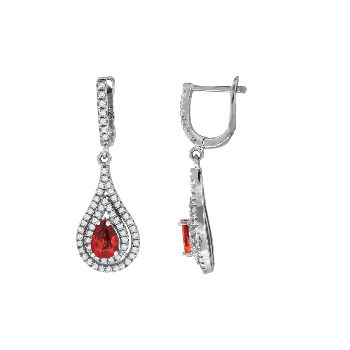 925 Sterling Silver Womens Red Cubic Zirconia Tear Drop Dangle Earrings