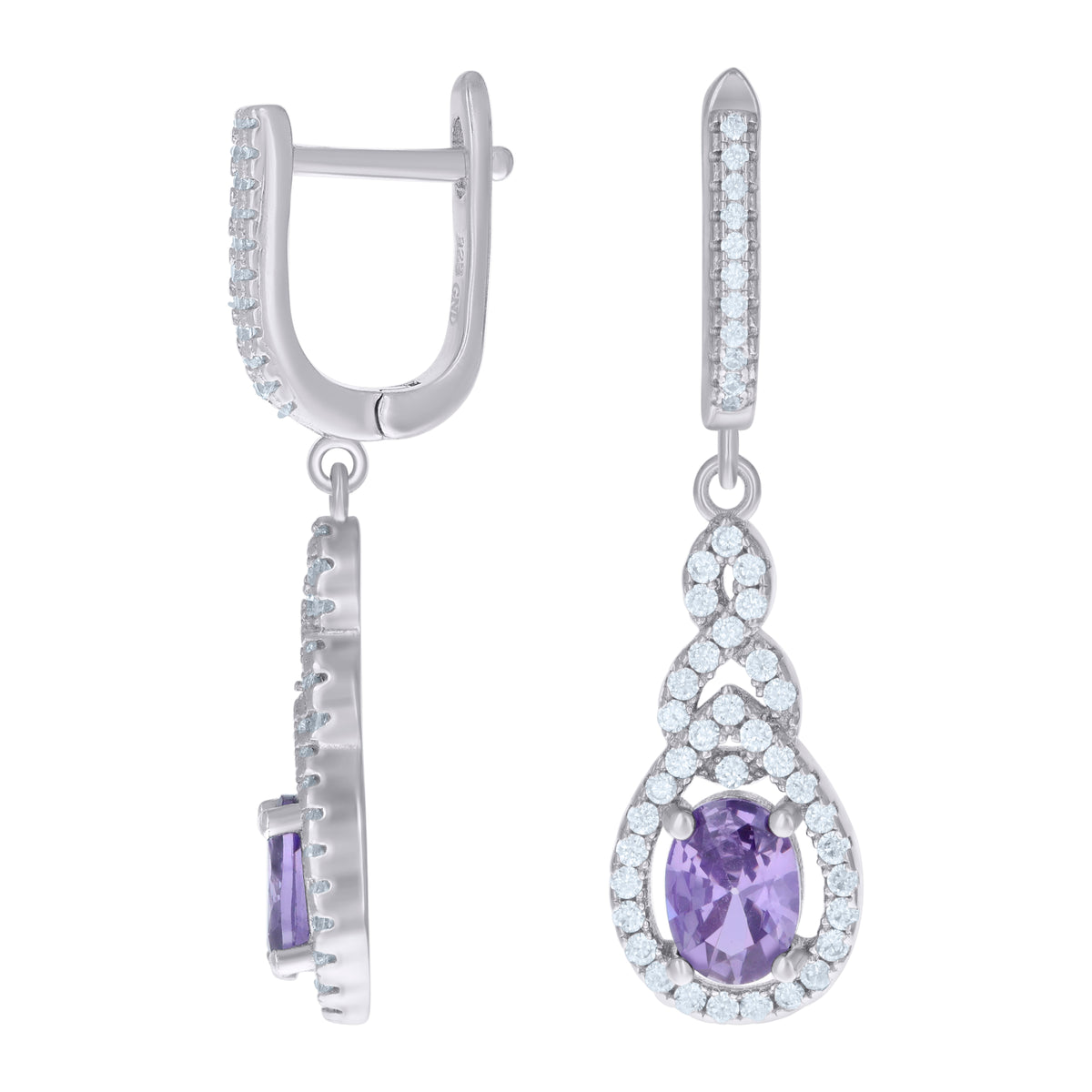 925 Sterling Silver Womens Purple Cubic Zirconia Tear Drop Dangle Earrings