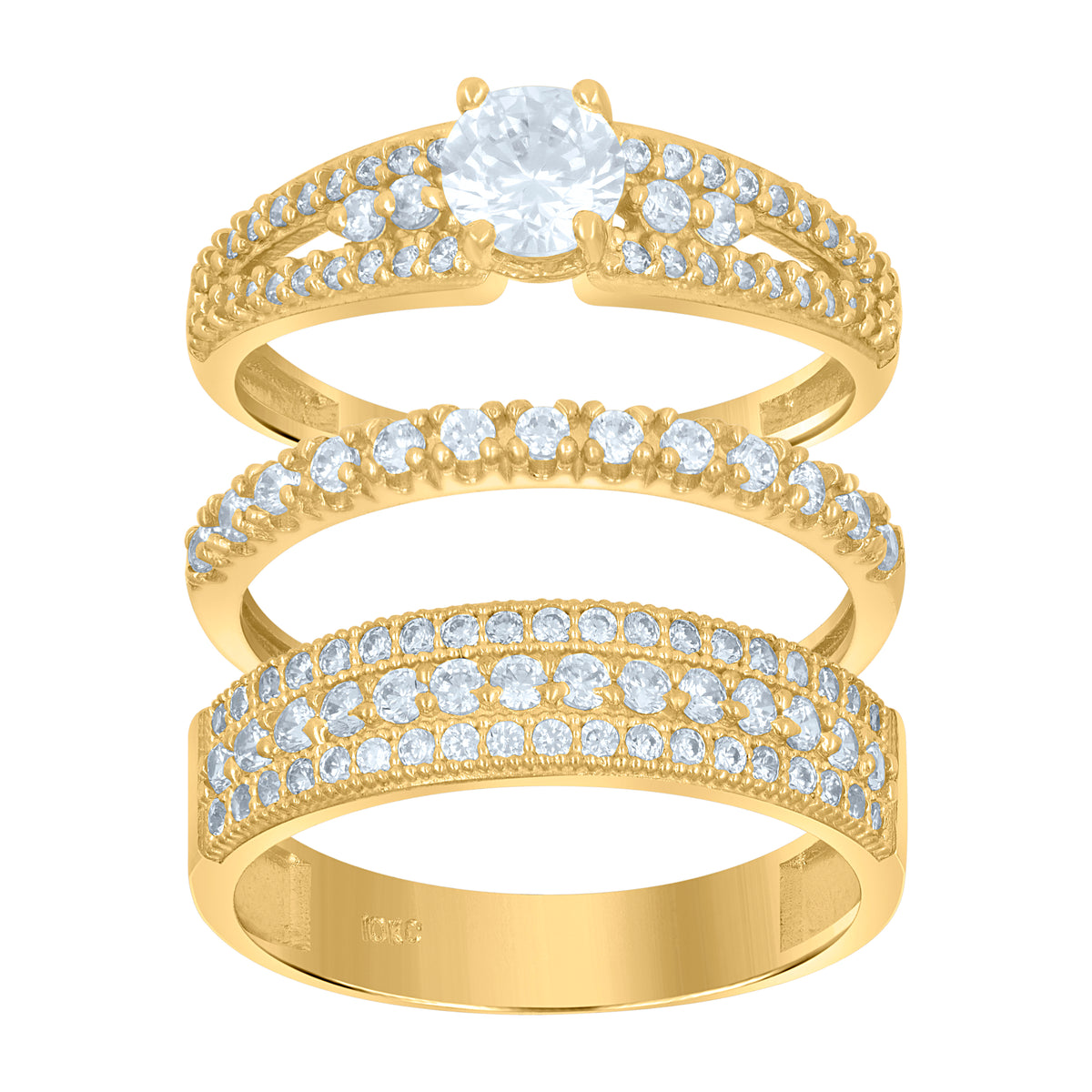 10K Two-Tone Gold Womens Round Cubic Zirconia Trio Ring Set