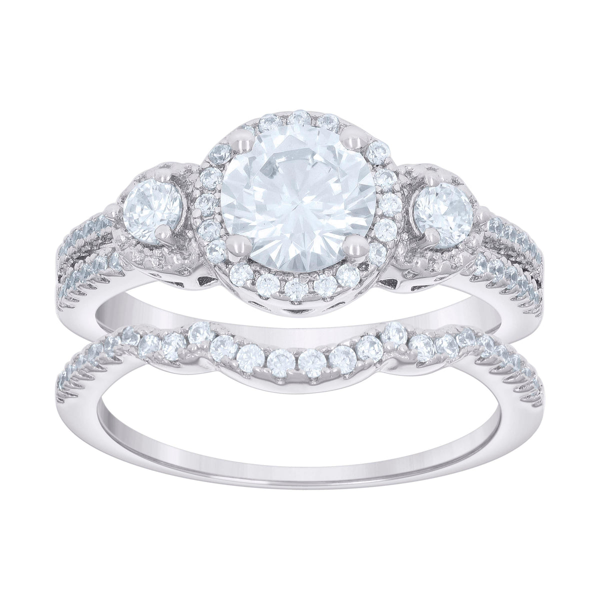 925 Sterling Silver Womens Cubic-Zirconia Round Head Fashion Duo Ring Set Size 8