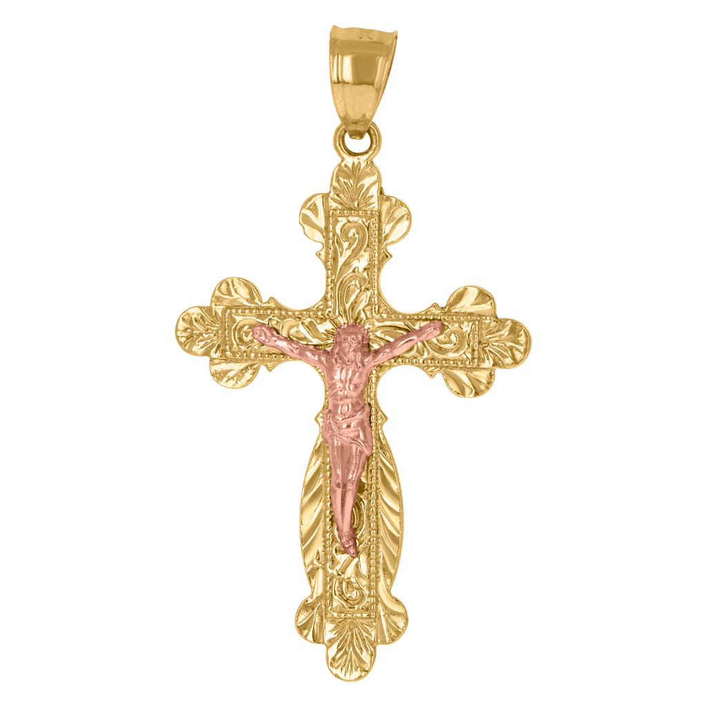 10K Two-tone Gold Mens Crucifix Cross Religious Charm Pendant