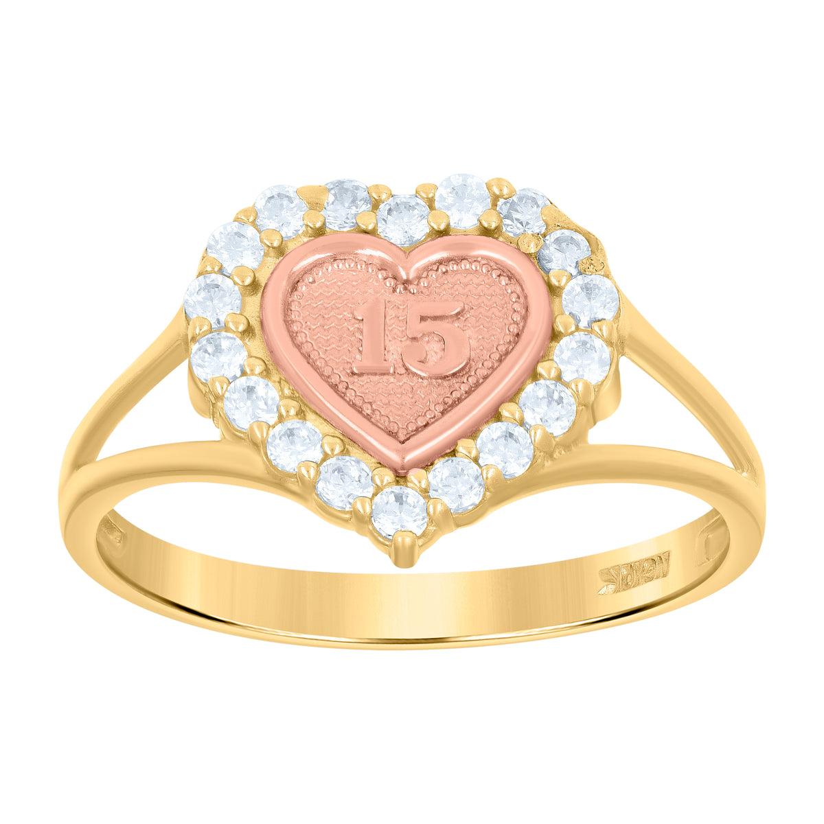 10K Gold Tri-Color CZ Girls 15 Anos Heart Quinceanera Band Ring