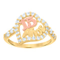 10K Gold Tri-Color CZ Girls 15 Anos Quinceanera Heart Band Ring