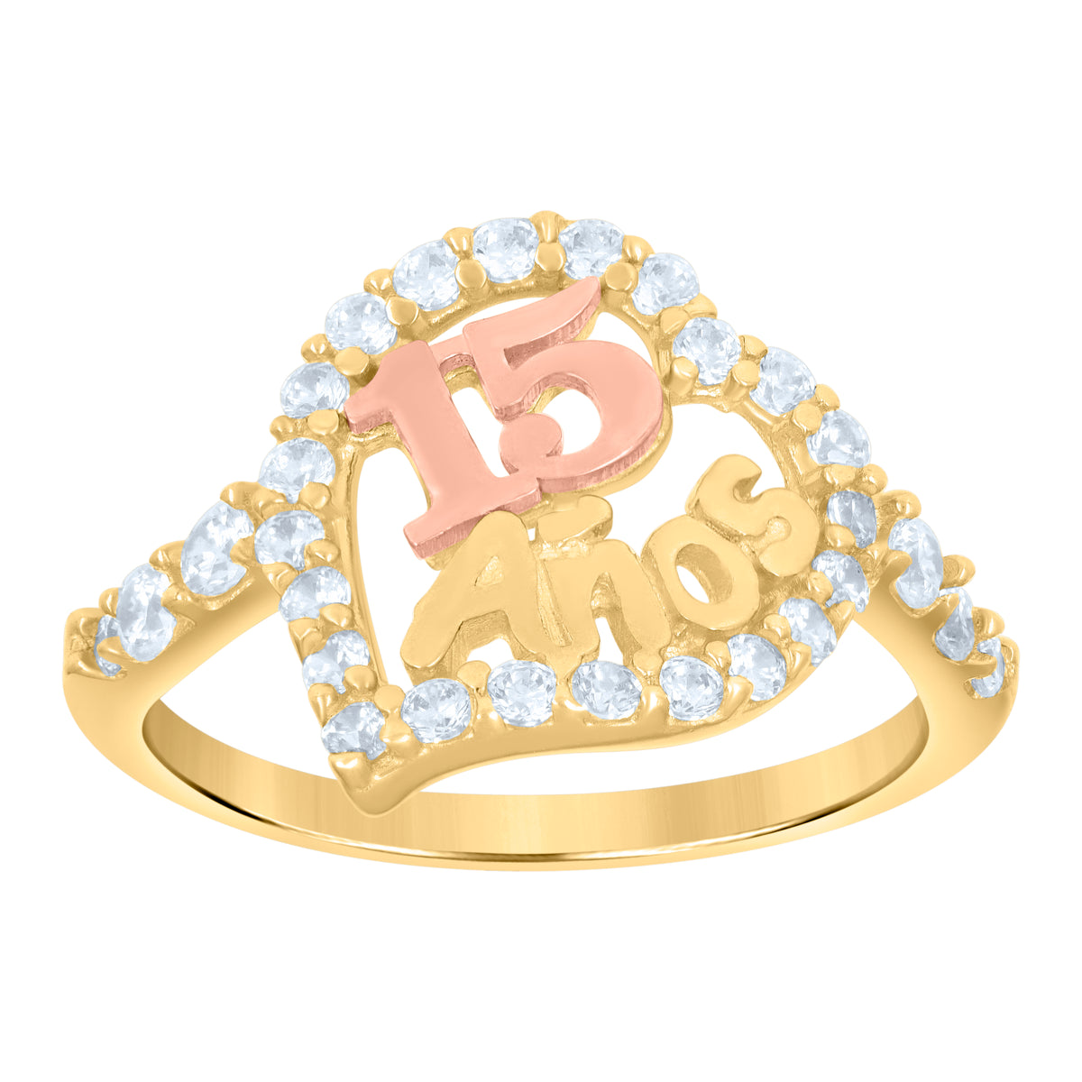 10K Gold Tri-Color CZ Girls 15 Anos Quinceanera Heart Band Ring