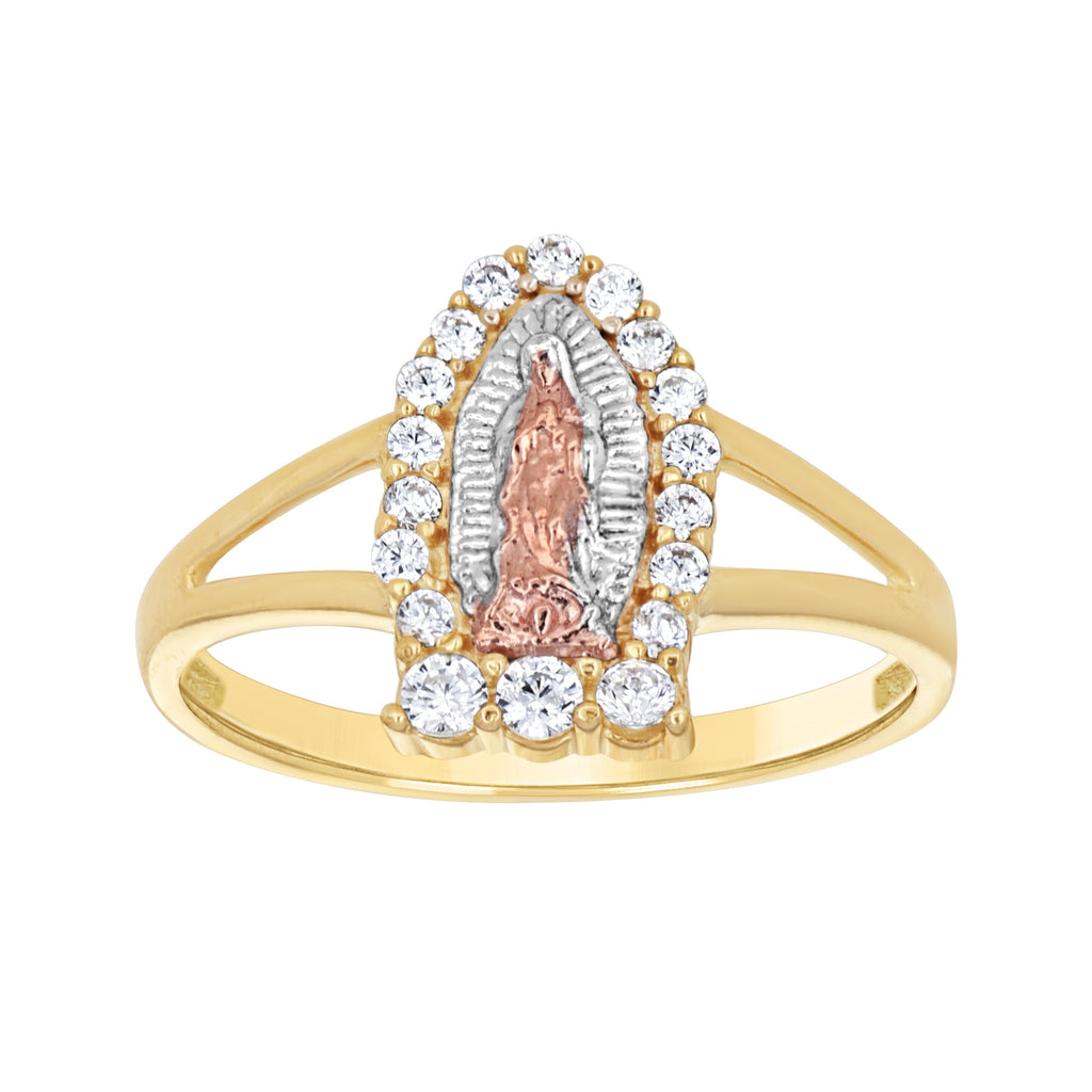 10K Tri-Color Gold Womens Round Cubic Zirconia Lady Of Guadalupe Religious Ring