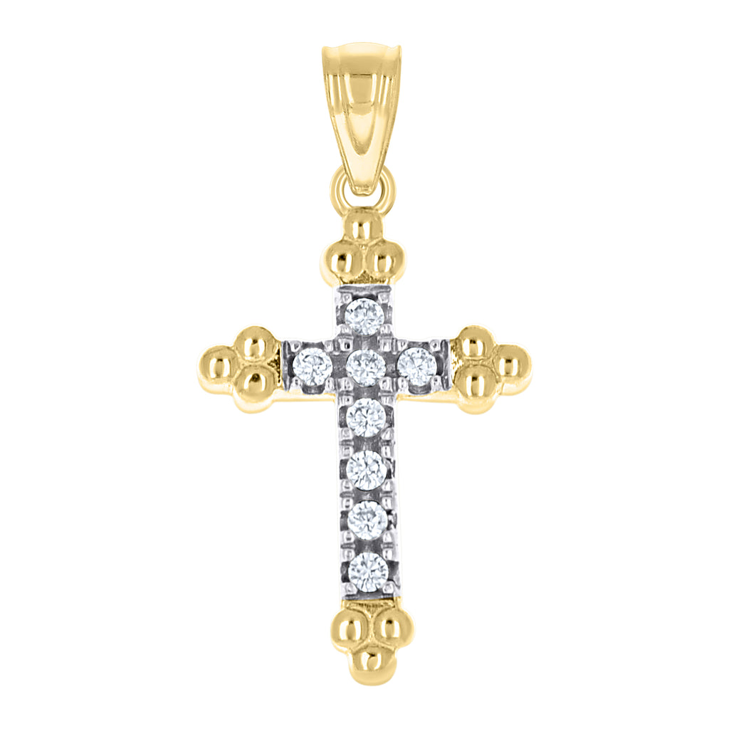 10K Two-Tone Gold Mens Women Cubic Zirconia Cubic-Zirconia Budded Cross Religious Charm Pendant