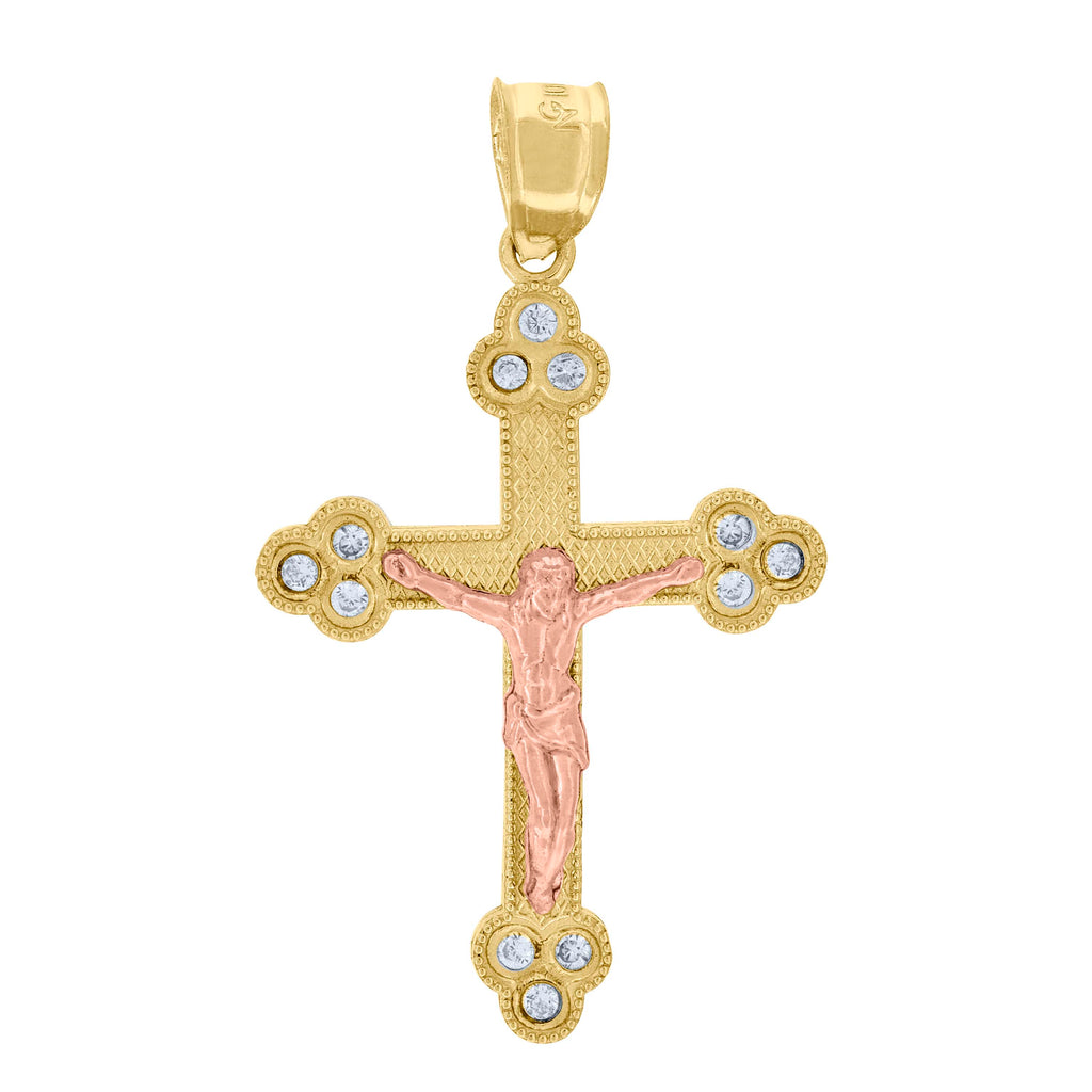 10K Gold Two-Tone Cubic-Zirconia Mens Cross Crucifix Religious Charm Pendant