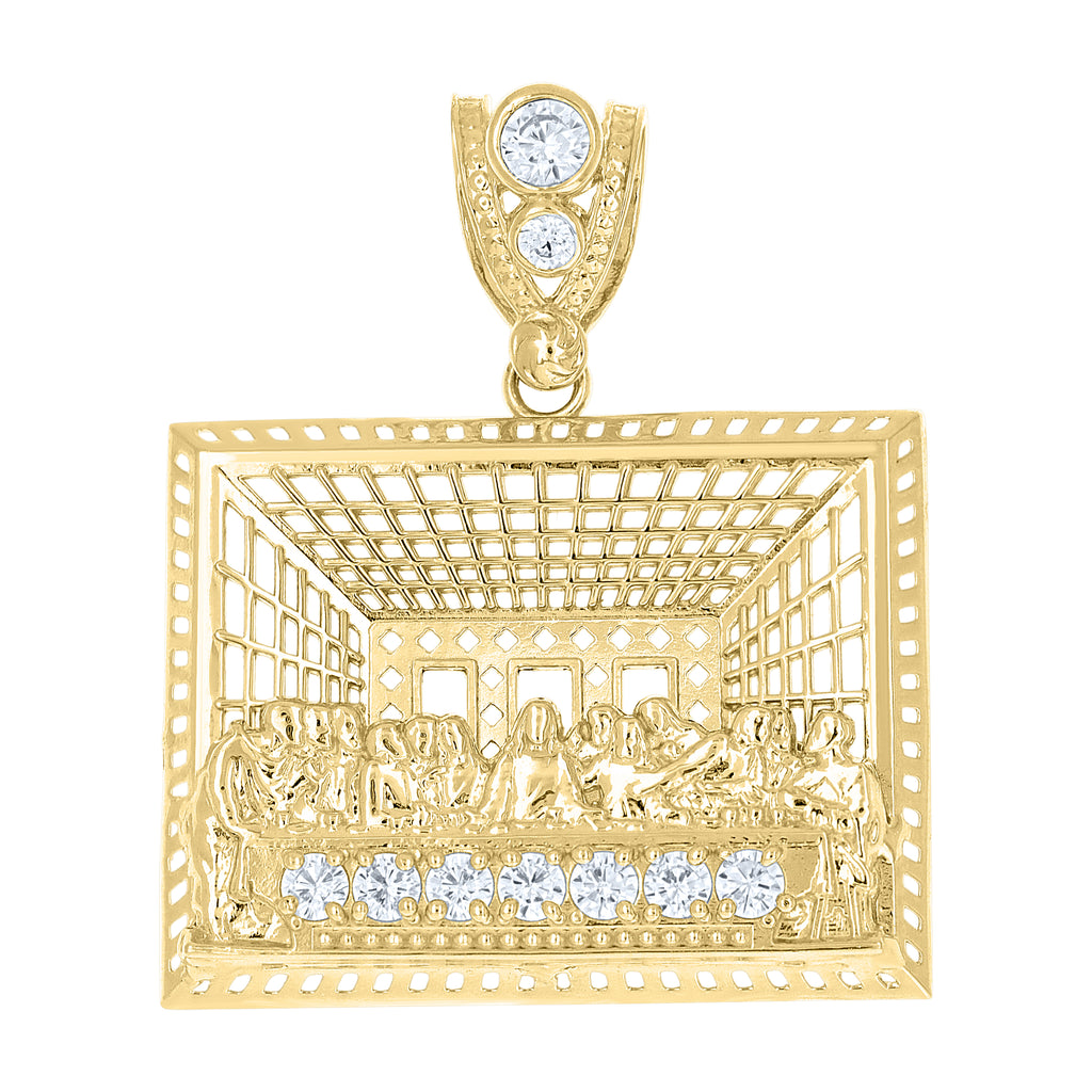 10K Yellow Gold Mens Cubic-Zirconia Last Supper Religious Pendant
