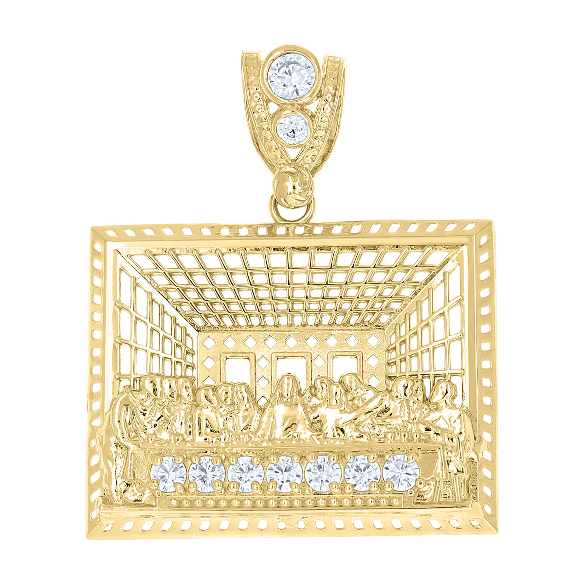 10K Yellow Gold Mens Cubic-Zirconia Last Supper Religious Pendant