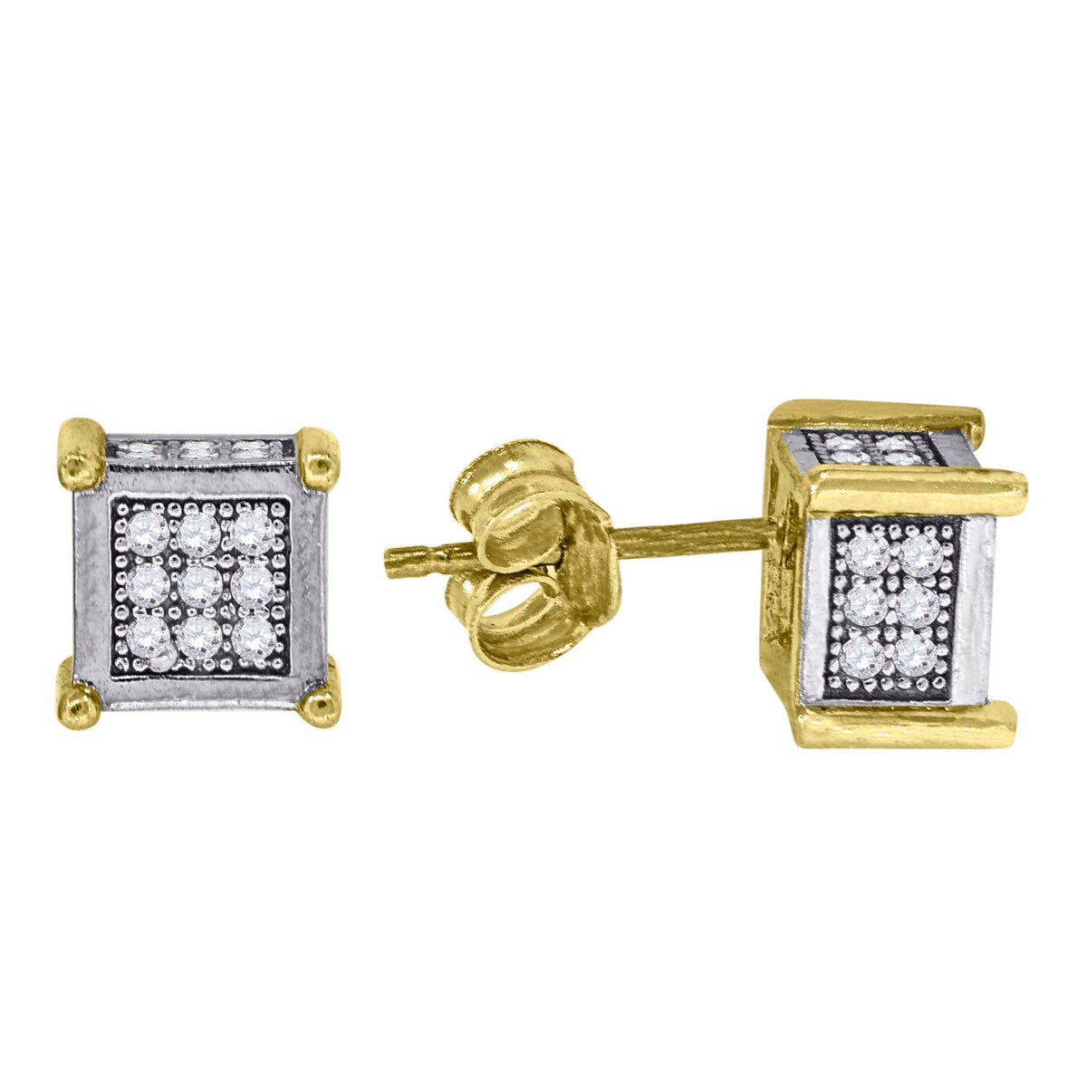 10K Gold Two-Tone CZ Mens Square 7mm X 7mm Push Back Studs