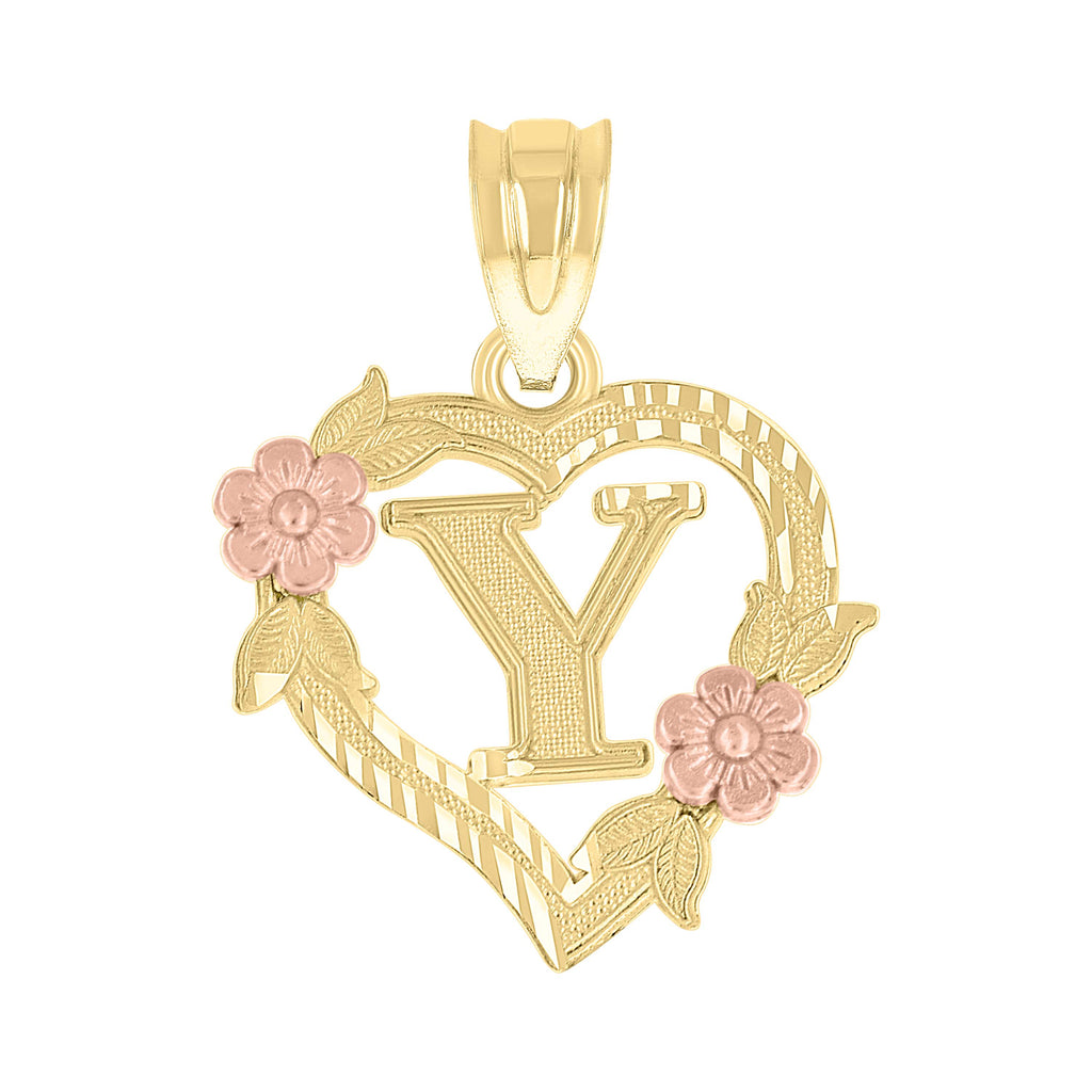 10K Two-Tone Gold Womens Heart Flower Initial Letter Y Charm Pendant
