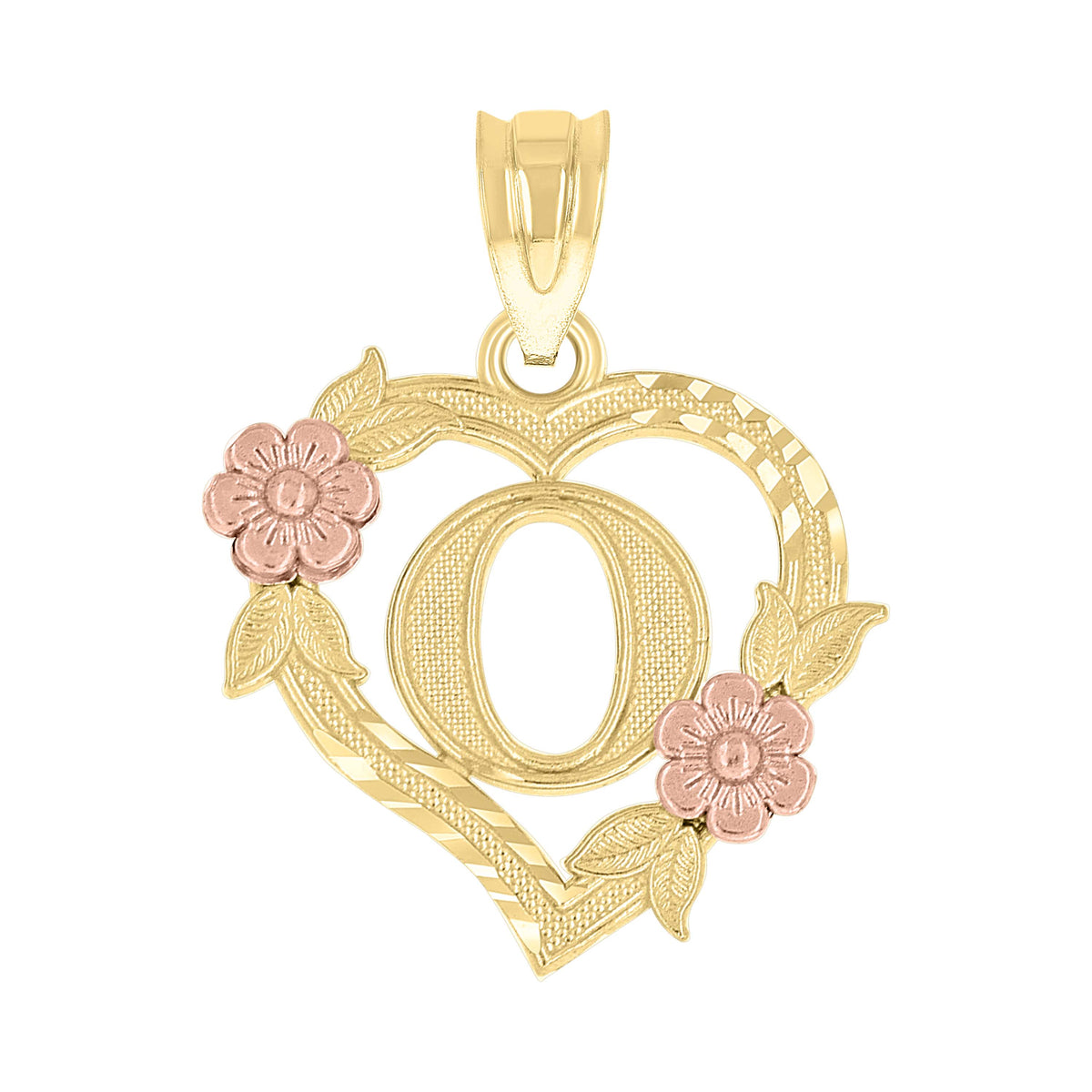 10K Two-Tone Gold Womens Heart Flower Initial Letter O Charm Pendant