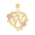 10K Two-Tone Gold Womens Heart Flower Initial Letter W Charm Pendant
