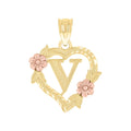 10K Two-Tone Gold Womens Heart Flower Initial Letter V Charm Pendant