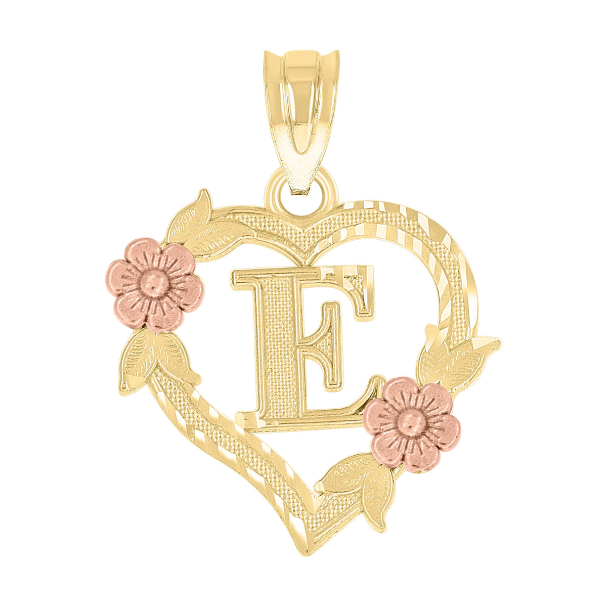 10K Two-Tone Gold Womens Heart Flower Initial Letter E Charm Pendant