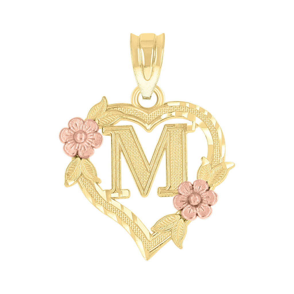 10K Two-Tone Gold Womens Heart Flower Initial Letter M Charm Pendant