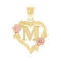 10K Two-Tone Gold Womens Heart Flower Initial Letter M Charm Pendant