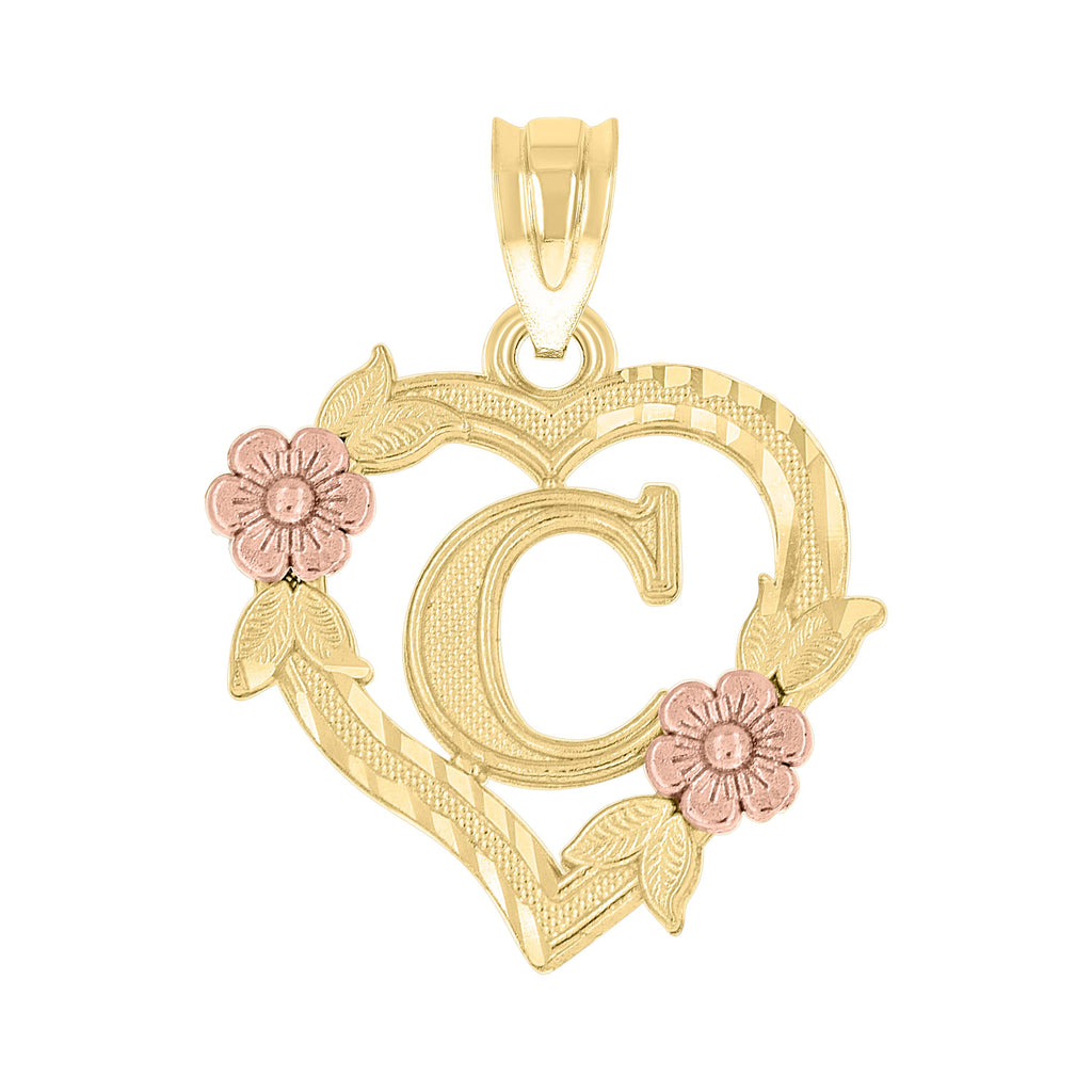 10K Two-Tone Gold Womens Heart Flower Initial Letter C Charm Pendant