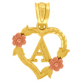 10K Two-Tone Gold Womens Heart Flower Initial Letter A Charm Pendant