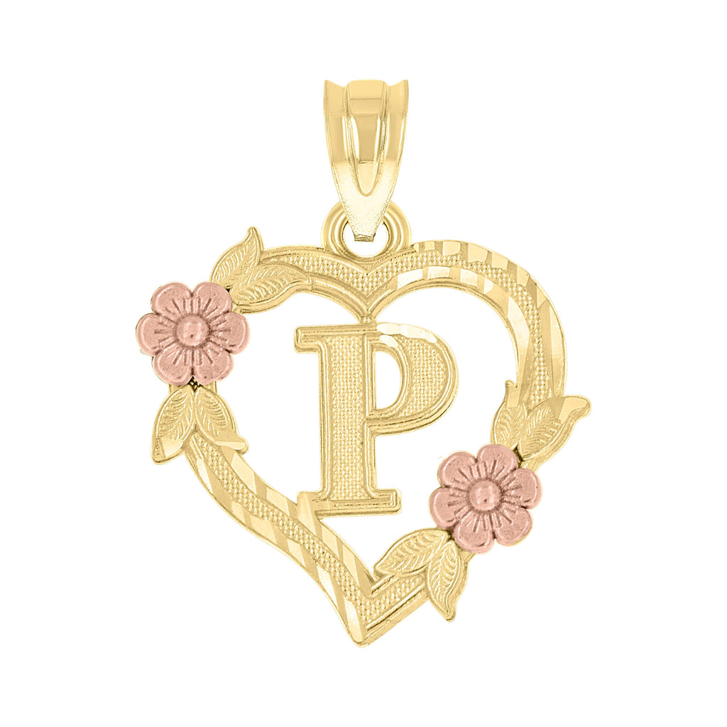 10K Two-Tone Gold Womens Heart Flower Initial Letter P Charm Pendant
