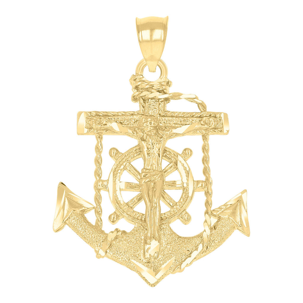 10K Yellow Gold Diamond-Cut Womens Anchor Cross Crucifix Charm Pendant