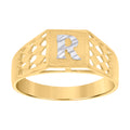 10K Two-Tone Gold Unisex Diamond-Cut Textured Initial Letter R Band Ring