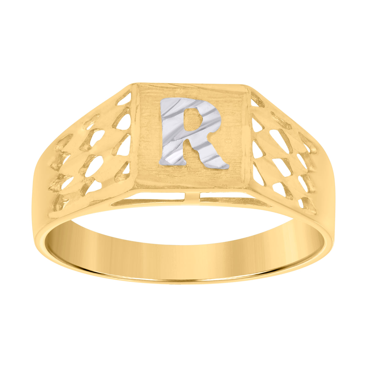 10K Two-Tone Gold Unisex Diamond-Cut Textured Initial Letter R Band Ring