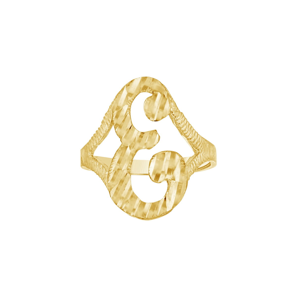 10K Yellow Gold Womens Diamond-Cut Textured Initial Letter E Band Ring