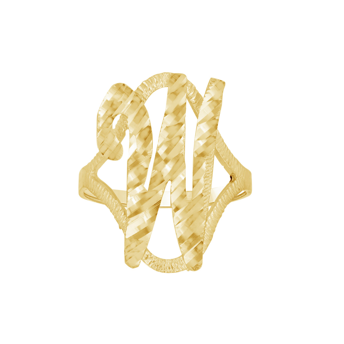 10K Yellow Gold Womens Diamond-Cut Textured Initial Letter W Band Ring