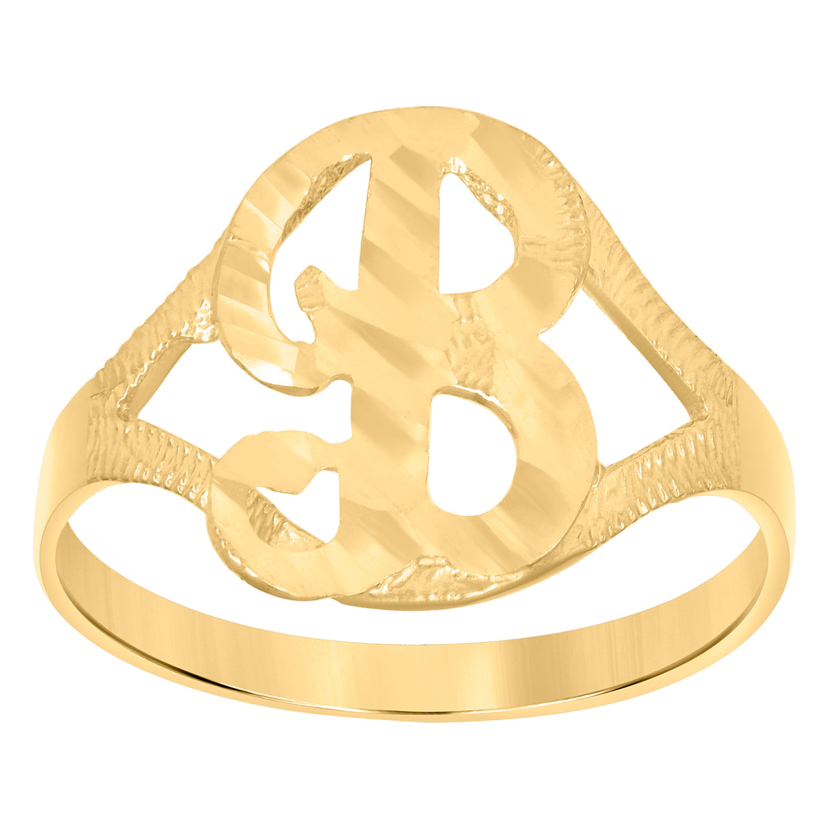 10K Yellow Gold Womens Diamond-Cut Textured Initial Letter B Band Ring