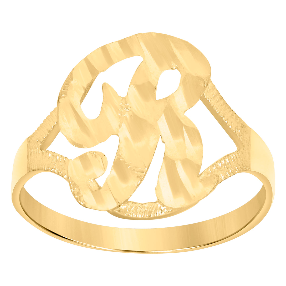 10K Yellow Gold Womens Diamond-Cut Textured Initial Letter R Band Ring