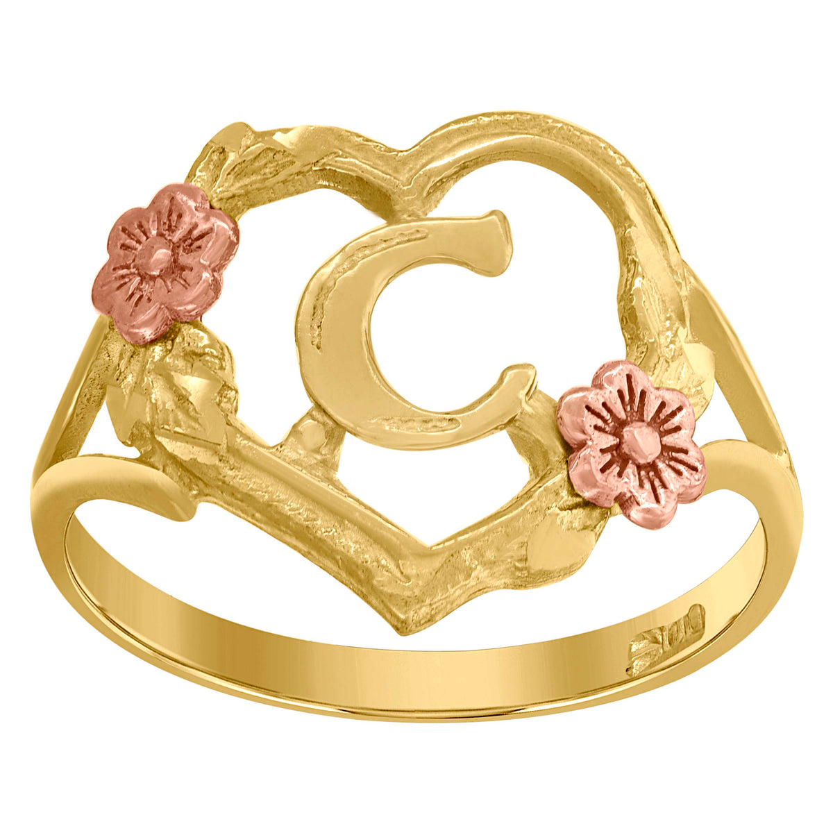 10K Two-Tone Gold Womens Dc Textured Initial Letter C Heart Band Ring