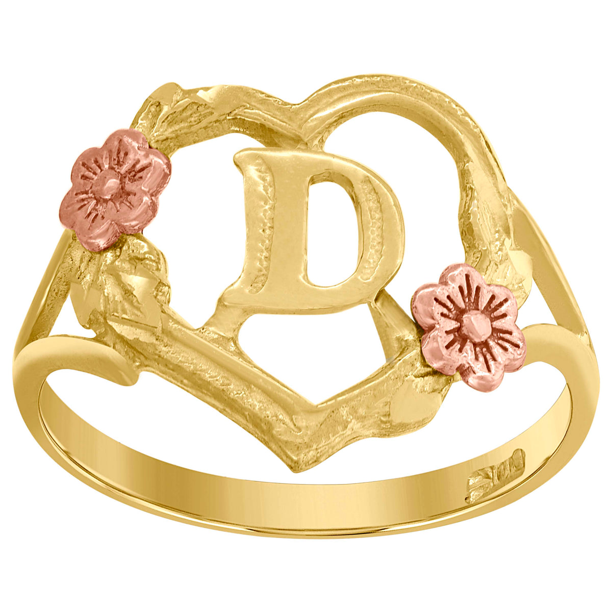 10K Two-Tone Gold Womens Dc Textured Initial Letter D Heart Band Ring