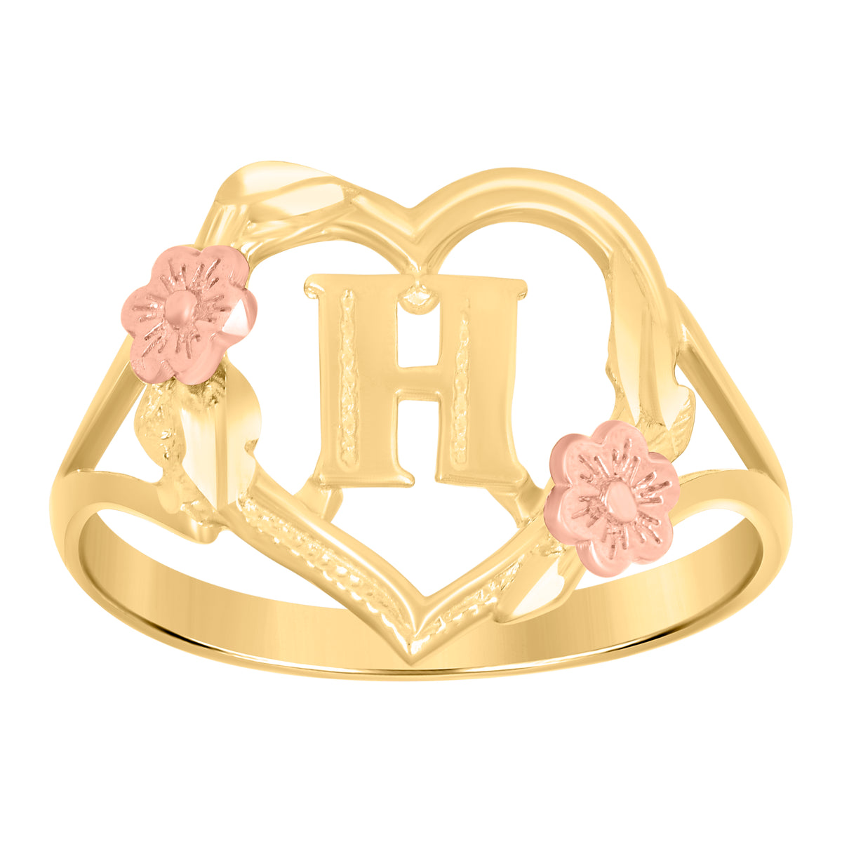 10K Two-Tone Gold Womens Dc Textured Initial Letter H Heart Band Ring