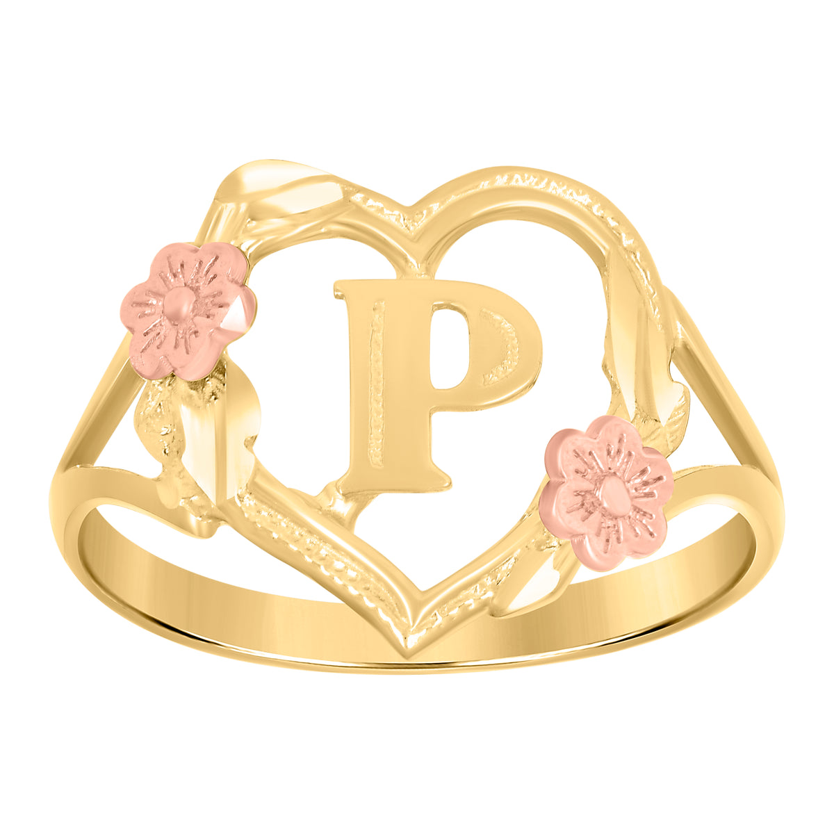 10K Two-Tone Gold Womens Dc Textured Initial Letter P Heart Band Ring