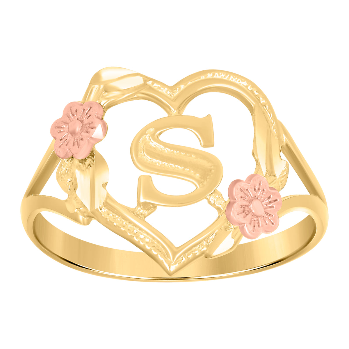 10K Two-Tone Gold Womens Dc Textured Initial Letter S Heart Band Ring