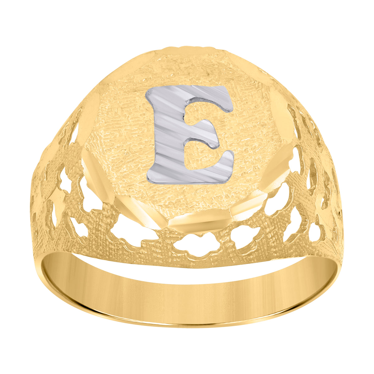 10K Two-Tone Gold Mens Diamond-Cut Textured Initial Letter E Band Ring
